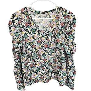 Loft‎ Blouse Womens Extra Large XL Multicolor Floral Puff Rouched Shirred V-neck